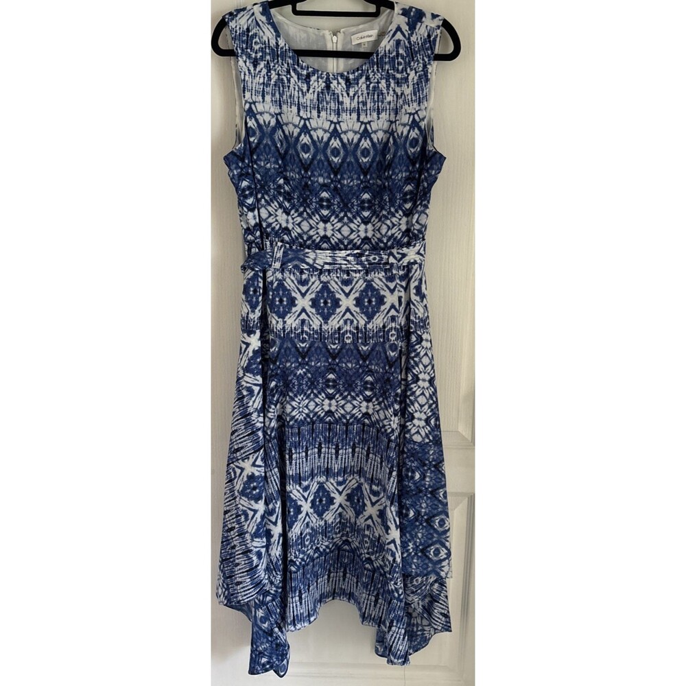 Calvin Klein Blue Sleeveless Geometric High Low Assymetric Boho Dress Sz 16